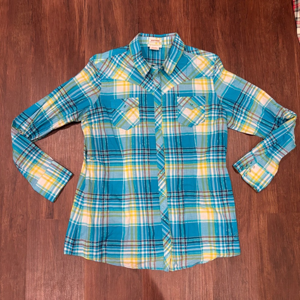 Ariat Turquoise Blue Rodeo Lurex Shimmer Plaid Western Snap Shirt Cowgirl Top XL